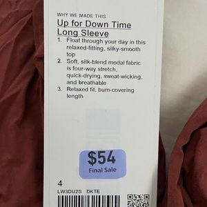 NWT Lululemon Up for Down Time Long Sleeve, size 4, dark terracotta